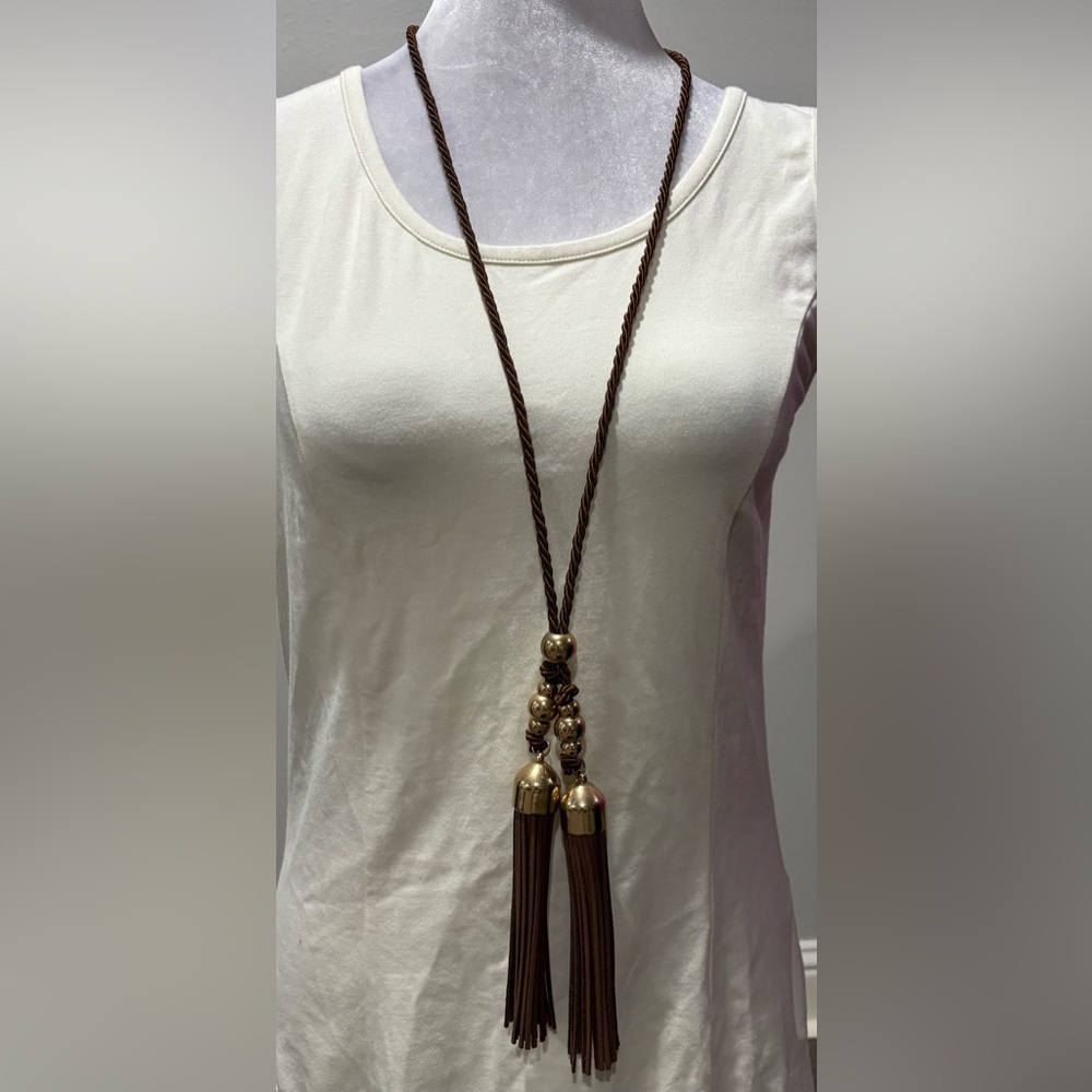 Long brown and gold tassel necklace two tassels 24” long